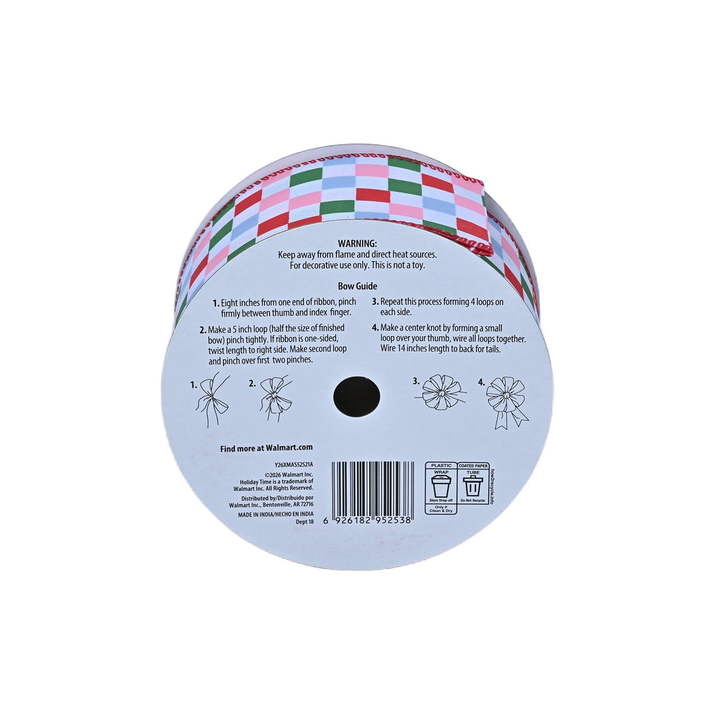 Multicolor Check Linen Christmas Ribbon, 2.5" x 40', by Holiday Time