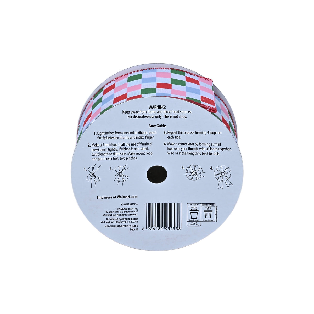 Multicolor Check Linen Christmas Ribbon, 2.5" x 40', by Holiday Time