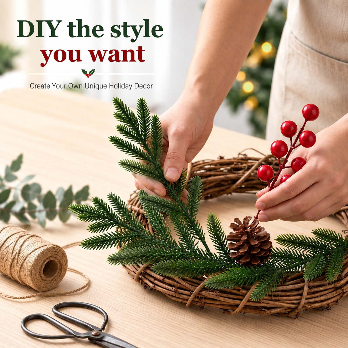 Ayieyill 39 Pack Artificial Pine Branches, 13.5 Inch Christmas Greenery Stems with Red & White Berries for Vase DIY Christmas Decorations Indoor
