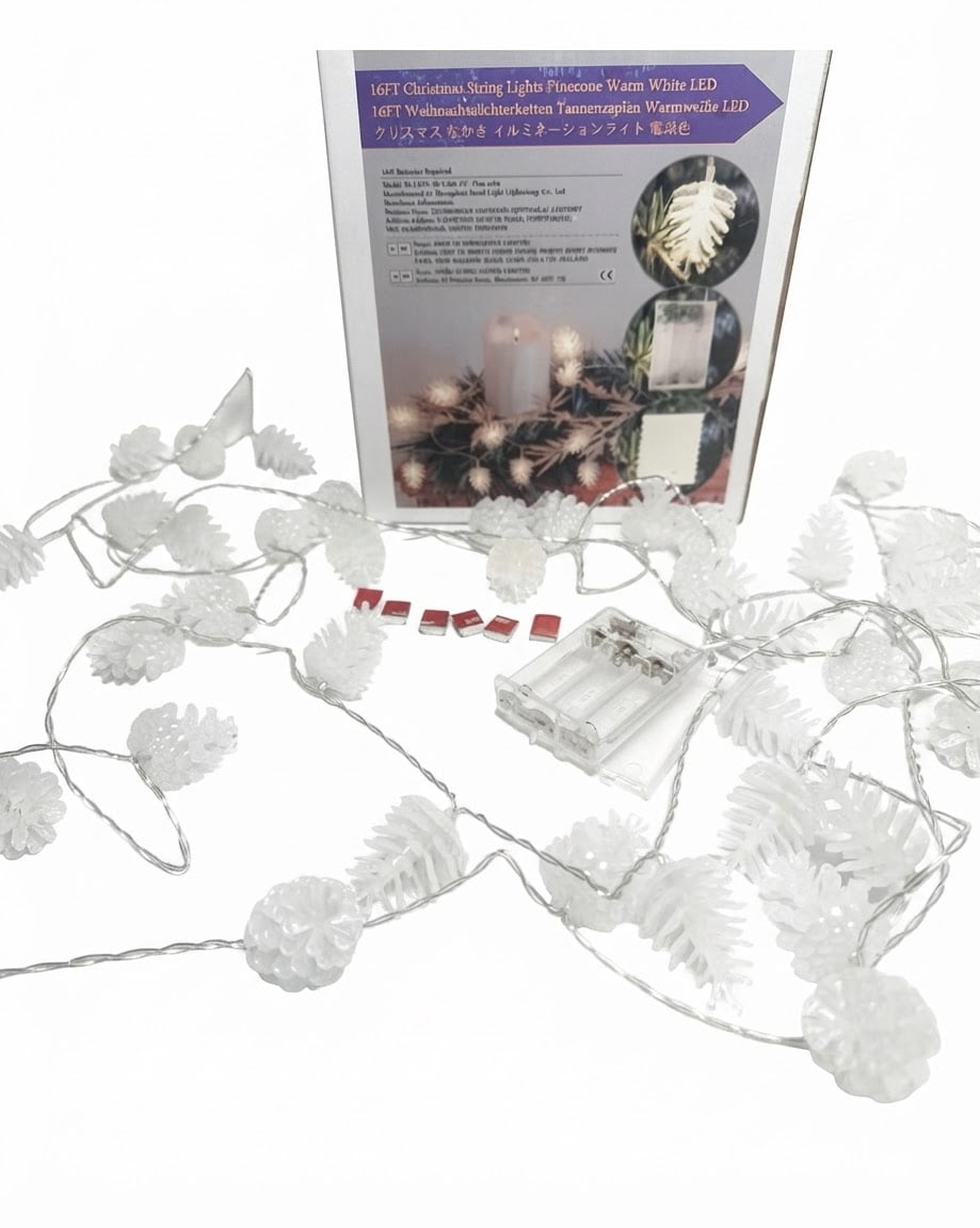 16 ft 50 LED Pinecone String Lights, Warm White Battery Operated Indoor Christmas Lights with 6 Adhesive Clips, TW Design