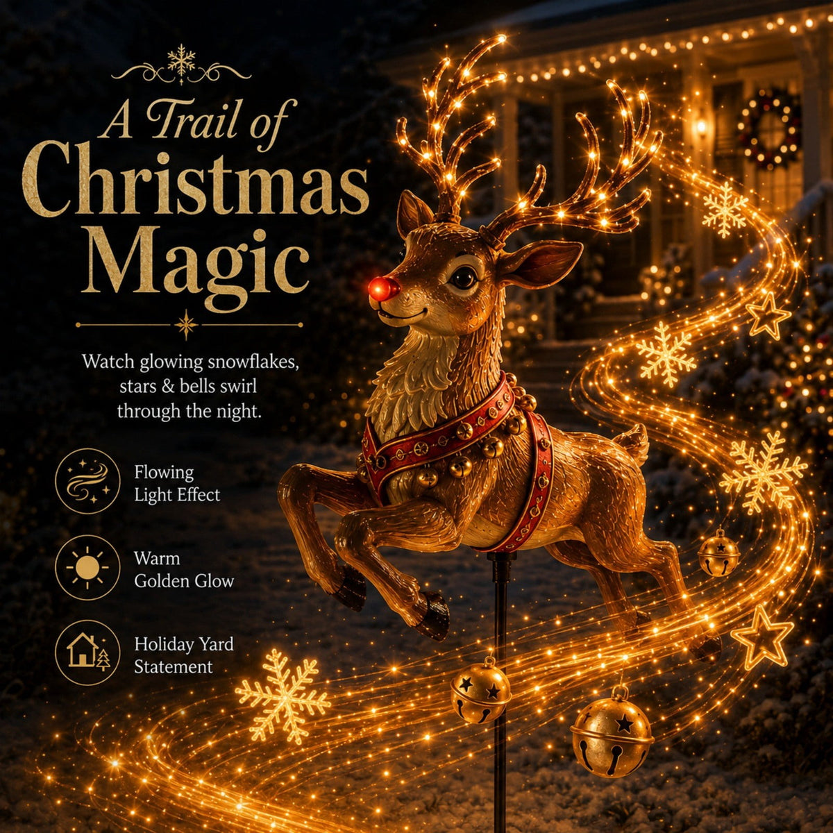 Solar Reindeer Christmas Garden Stake Light, Flowing LED Stars and Snowflakes, Resin Outdoor Holiday Yard Decoration for Lawn, Pathway, Porch, Garden and Entryway, 31.5 in Multicolor