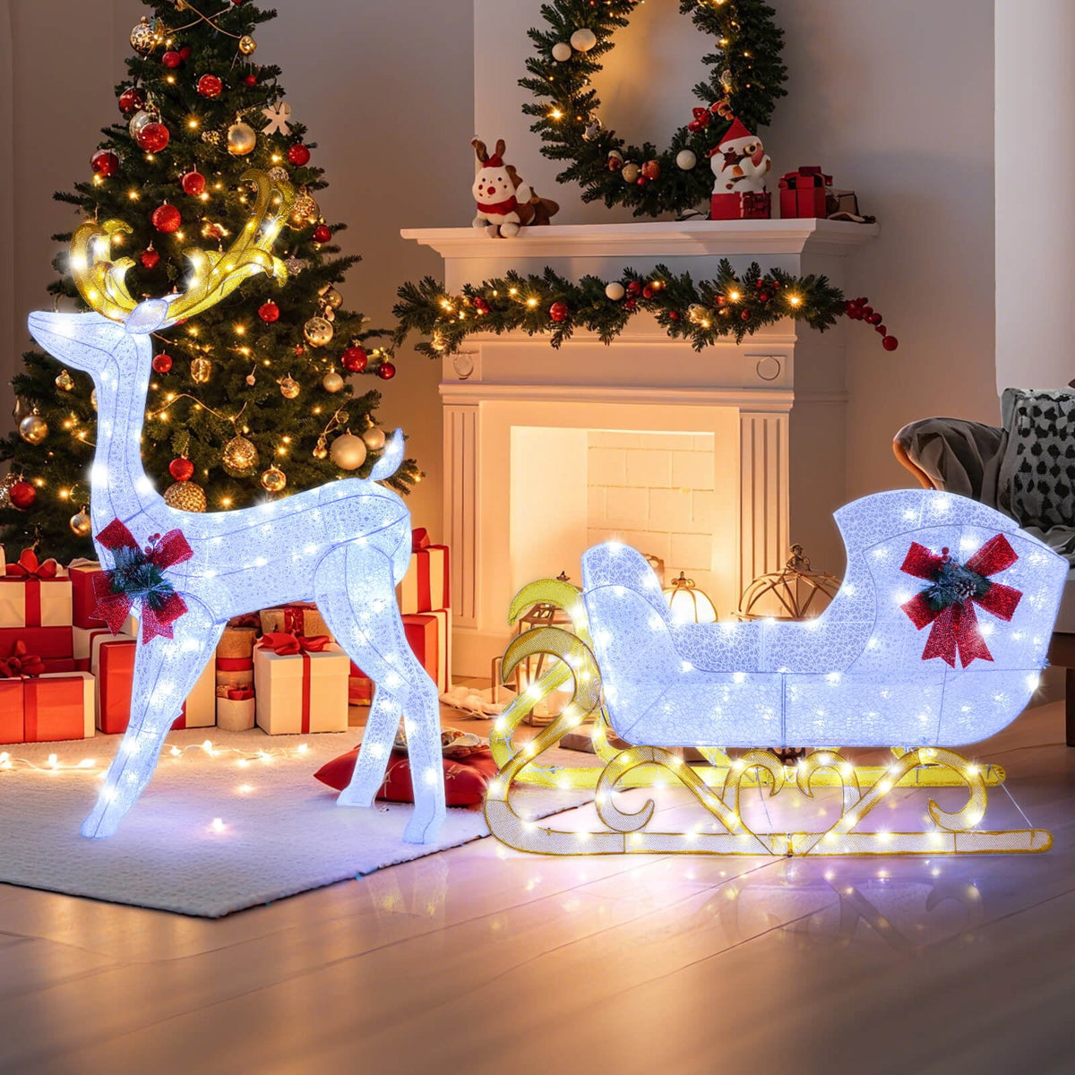 Costway 6 FT Christmas Lighted Reindeer & Santa's Sleigh W/ 215 LED Lights & 4 Stakes Gold
