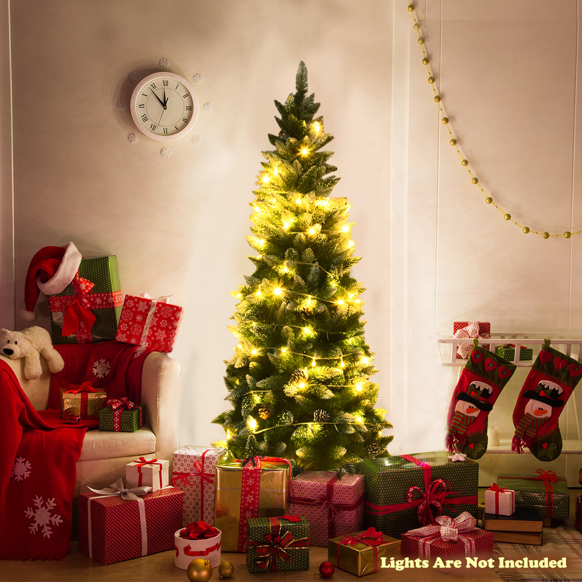 Topbuy 5'Artificial Pencil Christmas Tree Snow Flocked Tree w/ Pine Cones and Metal stand