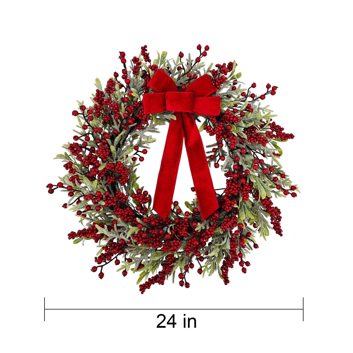 Frosted Evergreen and Eucalyptus Artificial Christmas Wreath with Berries and Bow, Red and Green, 24", by Holiday Time