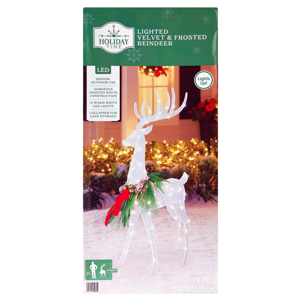 Indoor/Outdoor Lighted Velvet and Frosted Reindeer with Wreath Christmas Decoration with 70 LED Lights, Warm White, 4.95', by Holiday Time