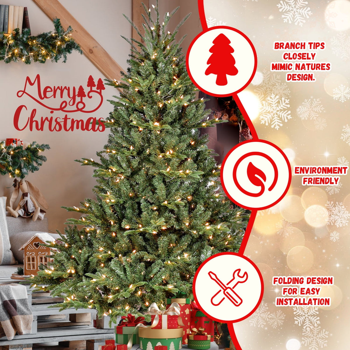 Artificial 4ft Green Christmas Tree with 673 PE/PVC Mixed Branch Tips, 150L warm white led, memory wire+iron wire, Hinged Premium & Foldable Base for Indoor Holiday Decorating