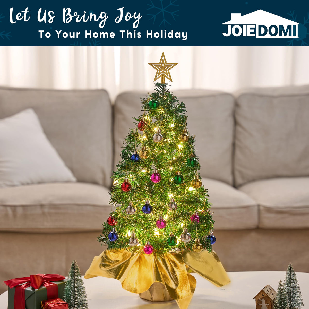 Joyfy 24in Prelit Tabletop Christmas Tree with Decoration Kit (Gold, Battery Operated)