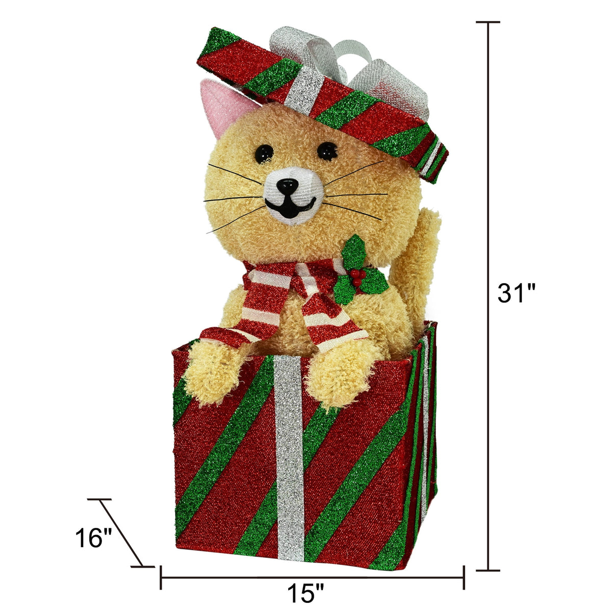 Indoor/Outdoor Light-Up Plush Cat Christmas Decoration with 85 LED Lights, Warm White, 31", by Holiday Time