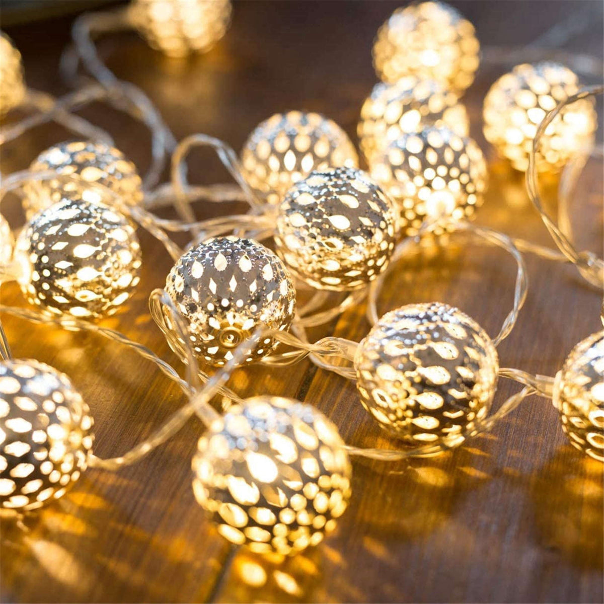 Moroccan Hollow Metal Ball LED String Light Metallic Fairy Globe Decor Lamp Home Room Aesthetic Living Room Bedside Cozy Modern Minimalist Nightlight Gift Trendy Housewarming 300cm,1PC
