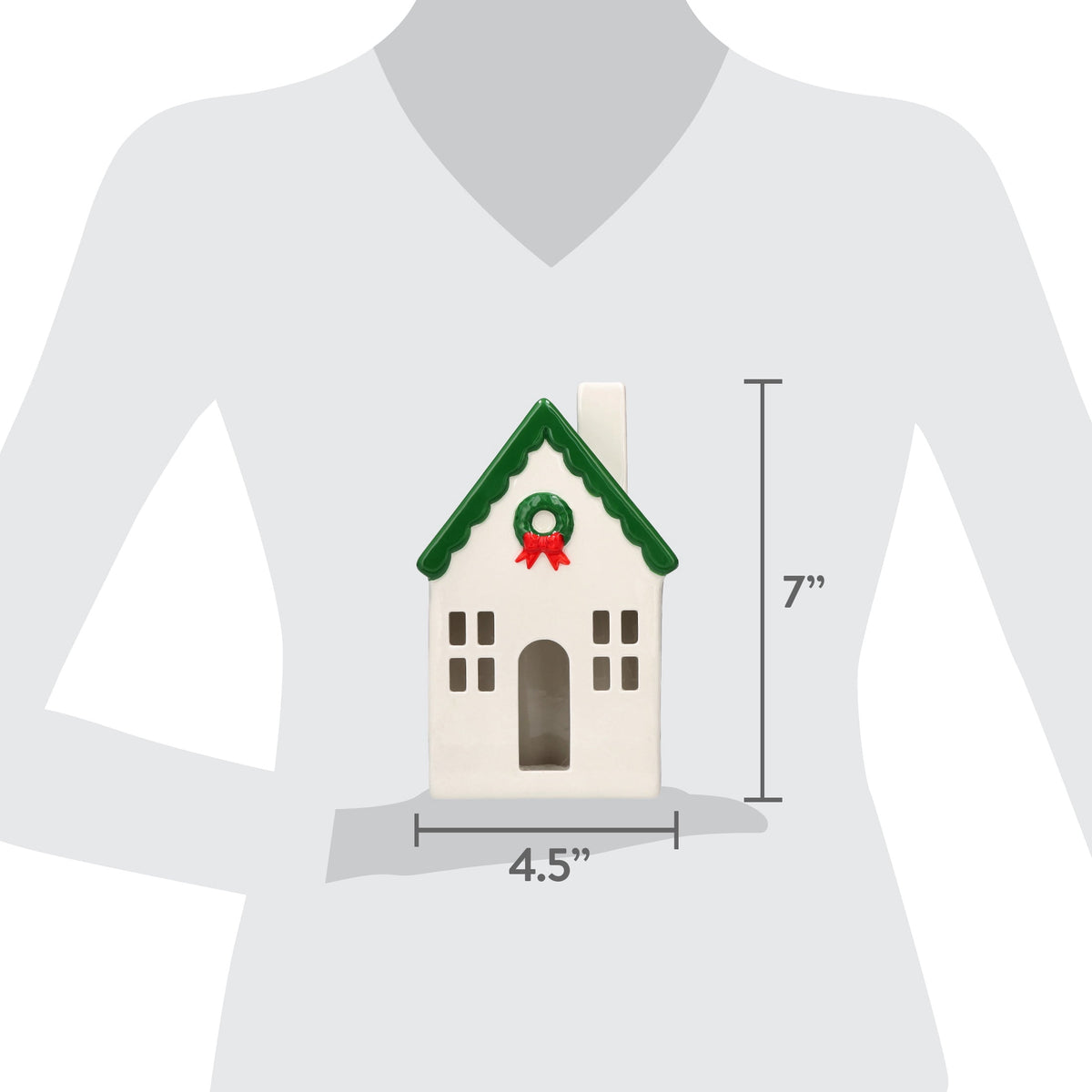 Ceramic House with Wreath Christmas Decoration, Red/White/Green, 7", by Holiday Time