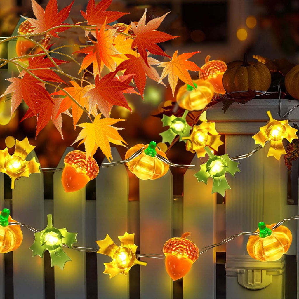 Thanksgiving Decoration Acorn 3D Pumpkin Maple Leaf String Lights Battery Operated 6.5ft 10 LEDs Orange Fall Lights for Home Autumn Garland Harvest Halloween Party Christmas Decor