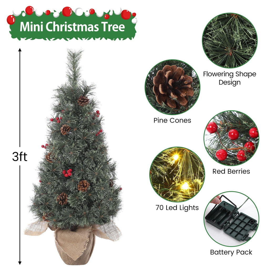 Huisuilinss Artificial Mini Christmas Tree,3FT Pre-Lit Christmas Tree,Tabletop Christmas Tree With Led Lights,Battery Powered Xmas Decoration For Fireplace Office Home Decor Indoor