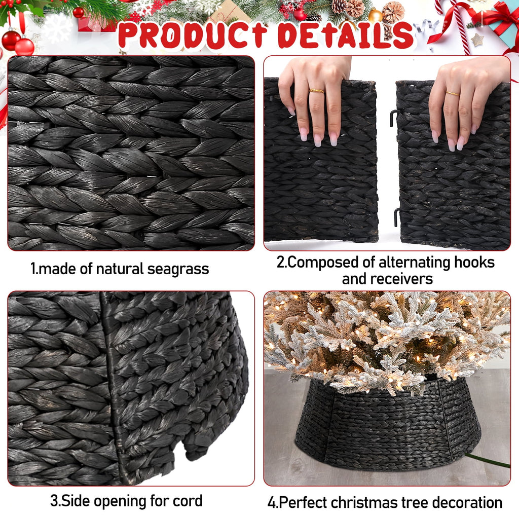 Ayieyill 26in Woven Hyacinth Christmas Tree Collar, Christmas Tree Decorations, Tree Skirt Accessory w/ Cord Cut-Out | Natural