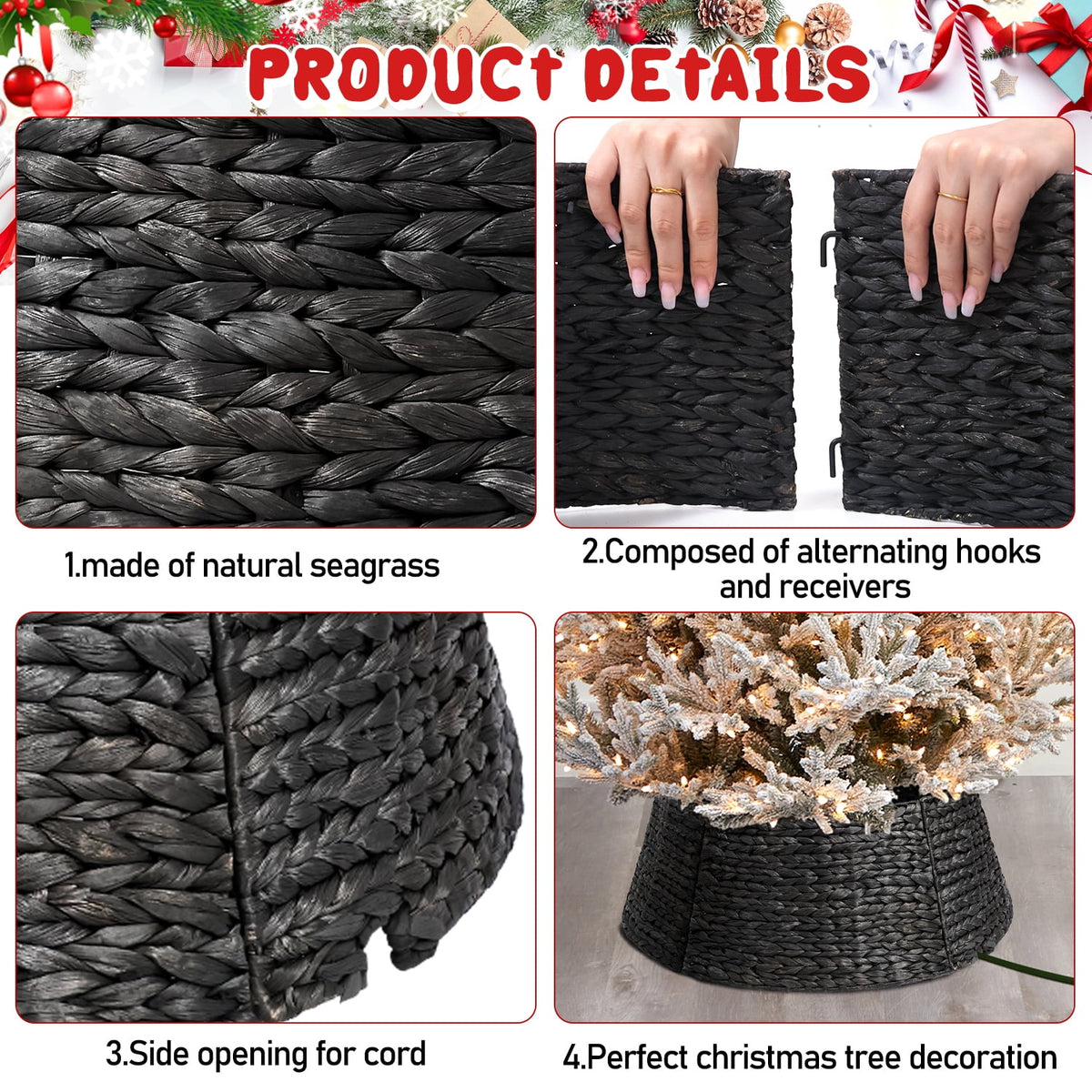 Ayieyill 26in Woven Hyacinth Christmas Tree Collar, Christmas Tree Decorations, Tree Skirt Accessory w/ Cord Cut-Out | Natural