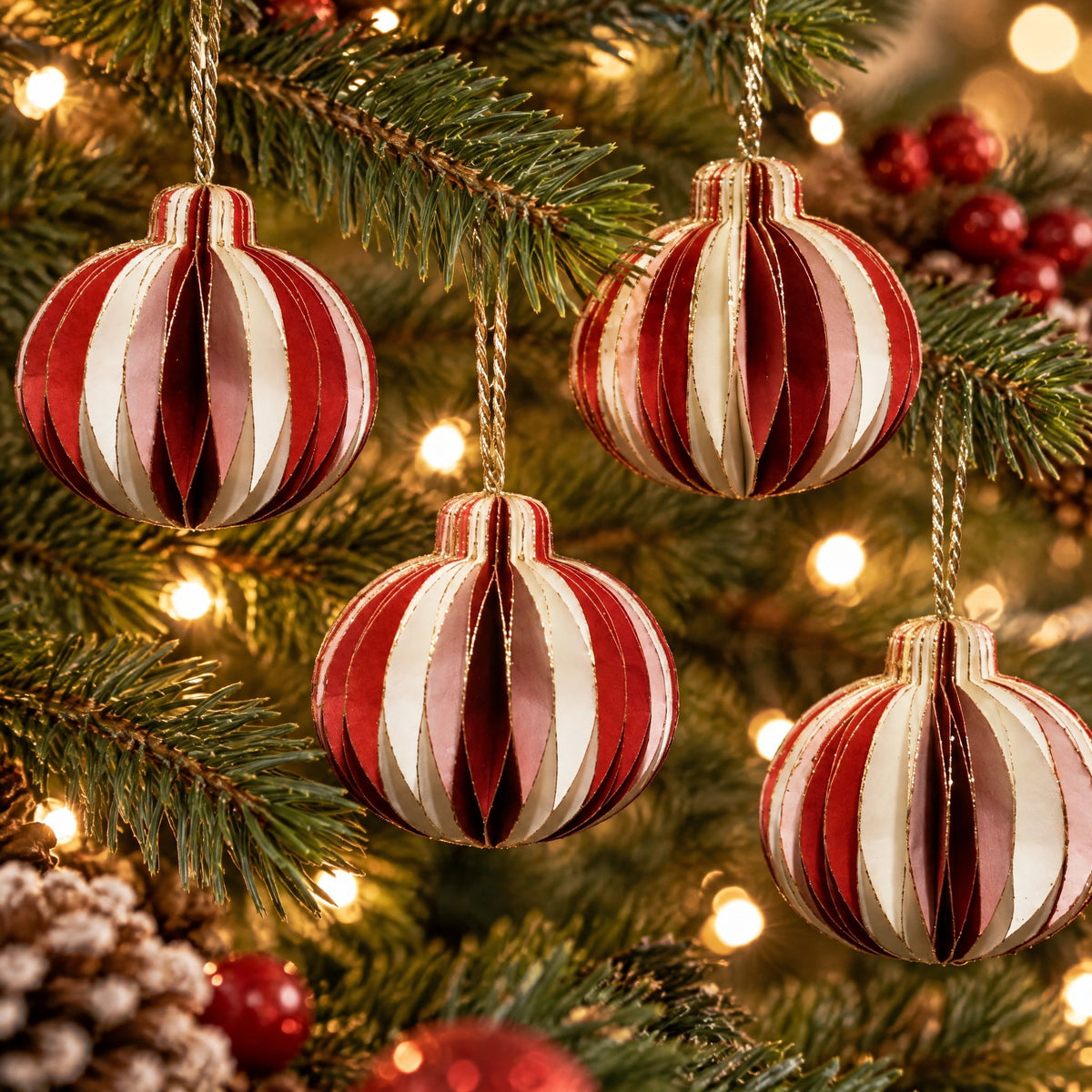 4-Count Red and White Paper Honeycomb Mini Christmas Ornaments, 1.57", by Holiday Time