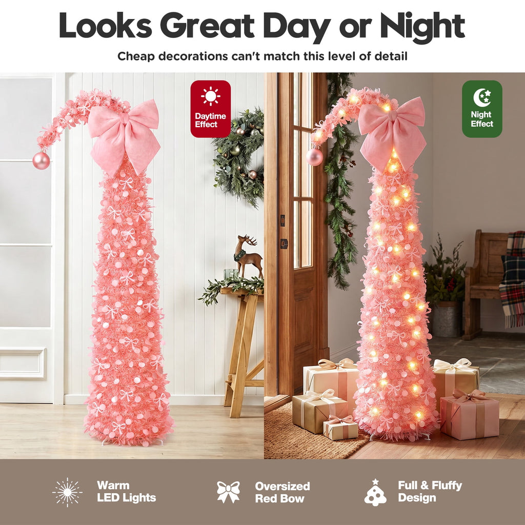 Ayieyill Christmas Tree 5FT Pencil Christmas Tree, Collapsible Pop up Tinsel Tree for Christmas Decorations Indoor, Pink