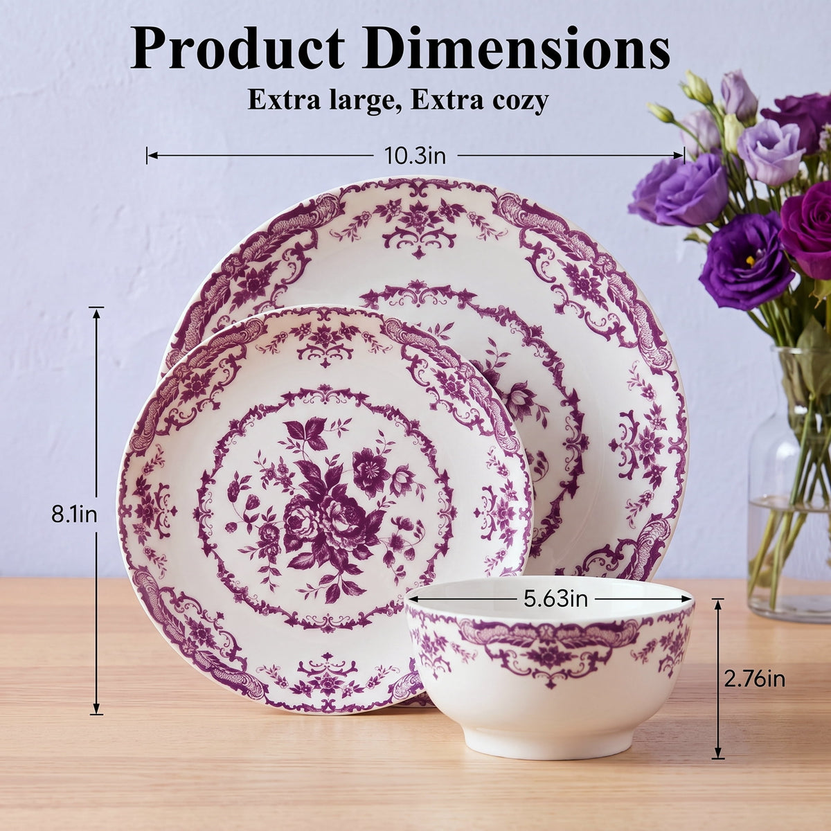 Onader 12 Piece Tableware Set, Rose Floral Dinnerware Set for 4, Ceramic Plates and Bowls Sets for Home Kitchen Restaurant, Scratch Resistant & Microwave Safe, Red
