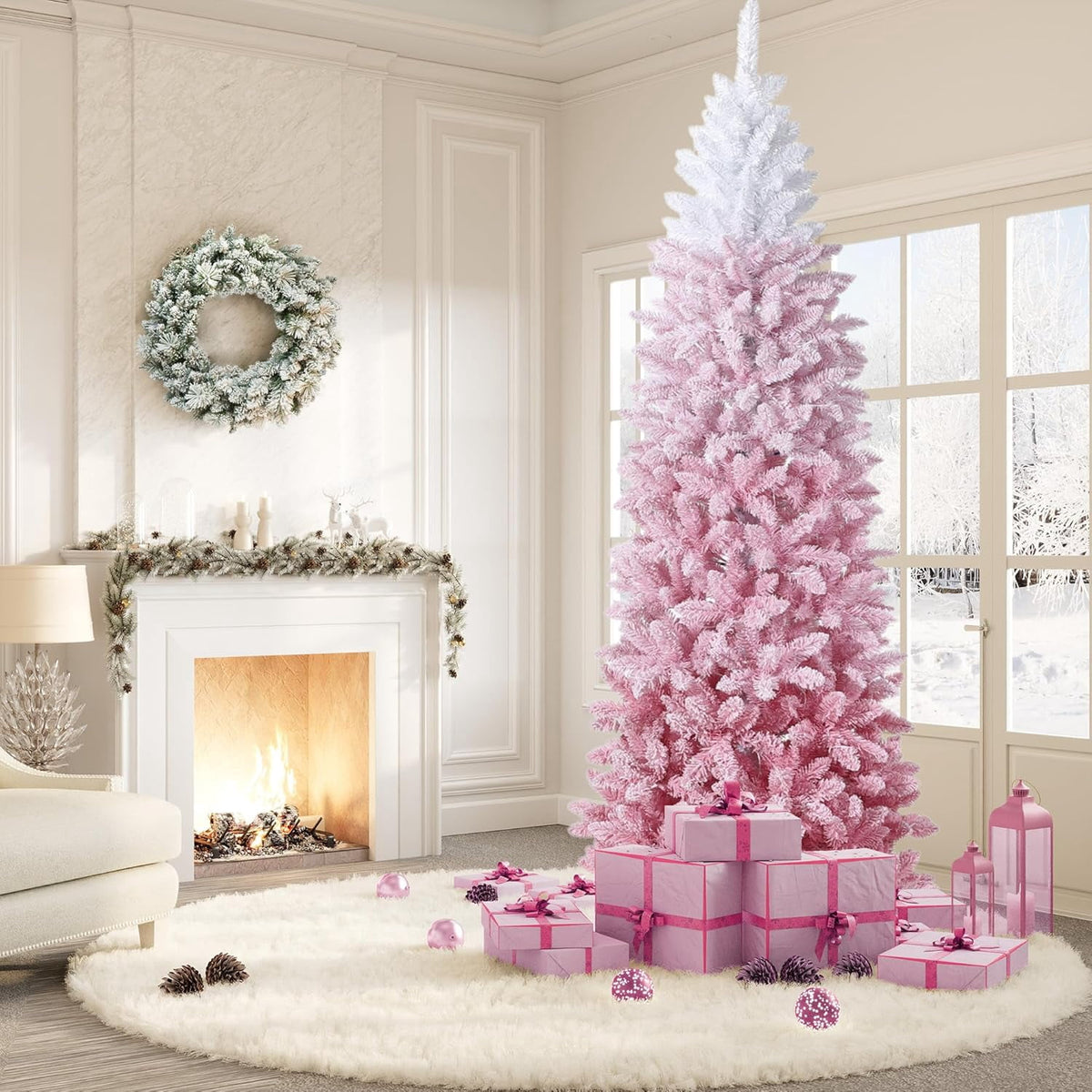 4.5/6/7.5/9 ft Flocked Pencil Christmas Tree with 100 Lights, Pre Lit Tall Skinny Christmas Tree with PVC Branch Tips, Premium Hinged Xmas Tree with Metal Base, Slim Artificial Christmas Tree
