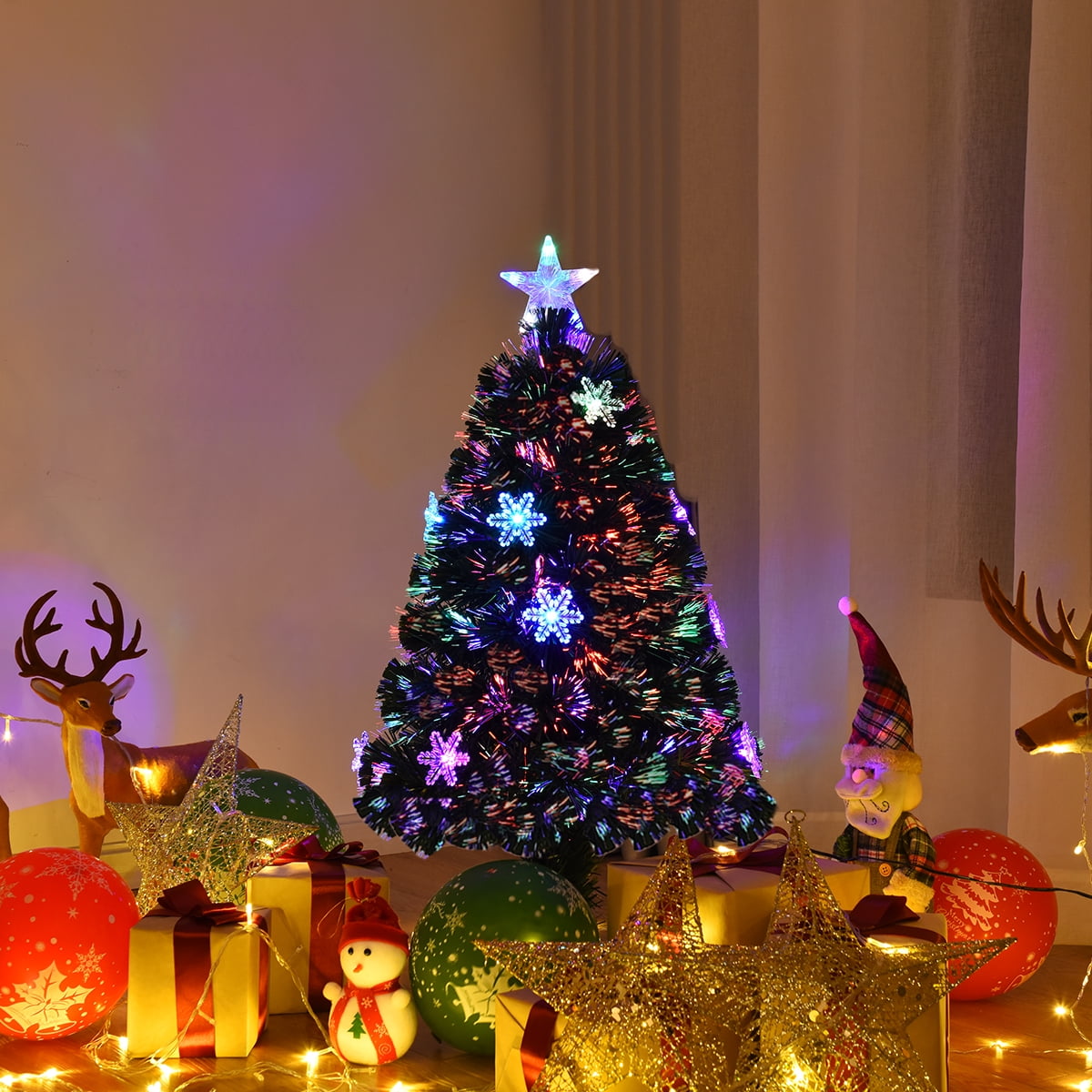 Gymax 4' Pre-Lit Multi-Color Lights Fiber Optic Artificial Christmas Tree with Snowflakes
