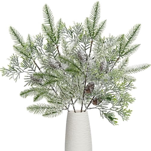 4 Piece Artificial Pine Needle Branches 15.7 Inch Snowy Frosted Greenery with Pinecones for Winter Christmas Tree Decor White