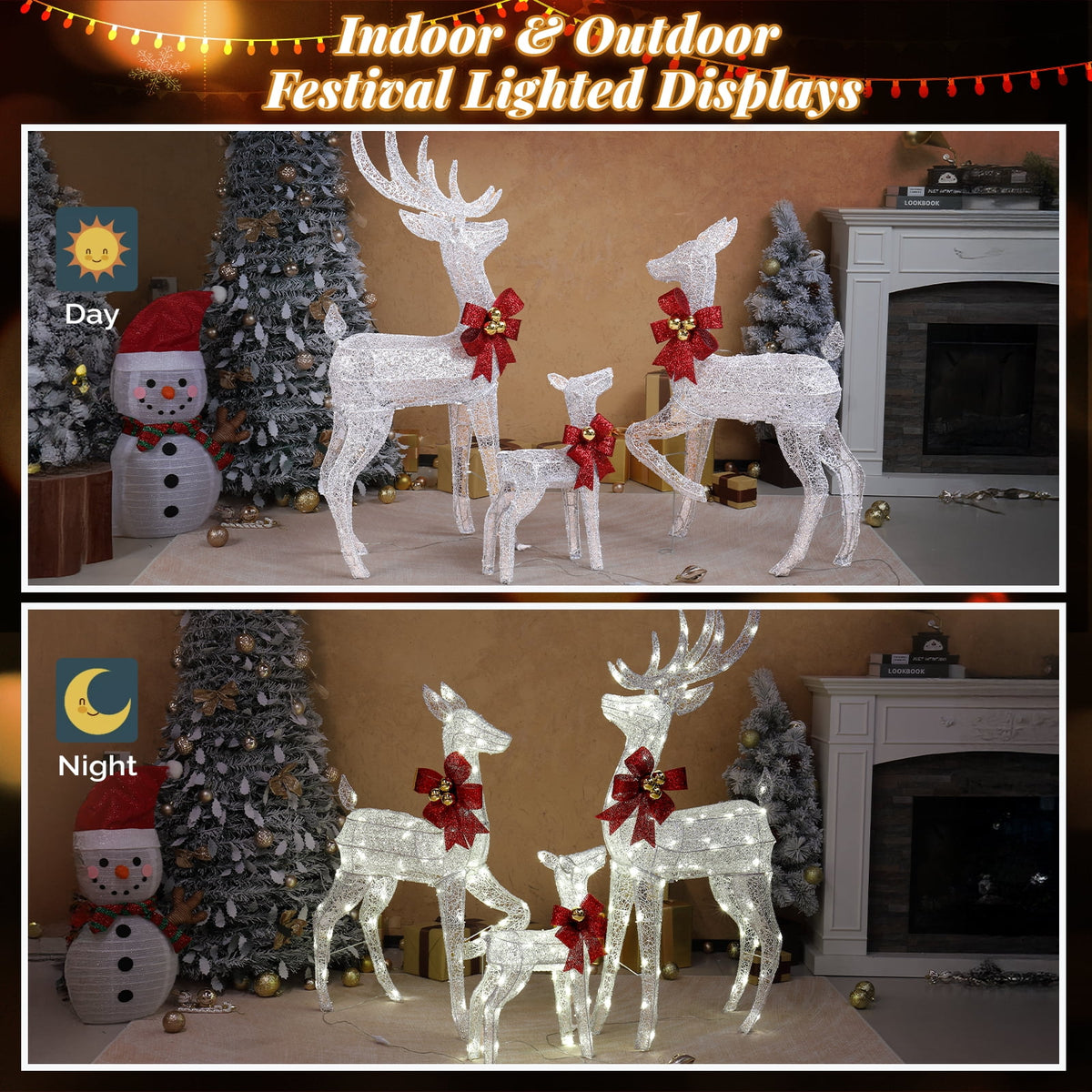 Ktaxon Christmas Outdoor Decor 4FT Lighted Reindeer Set 3Pcs Yard Deer Decorations LED Lights - Gold