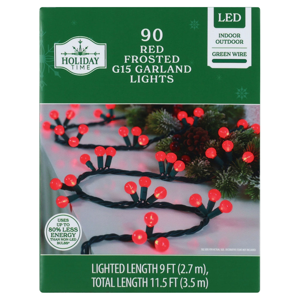 Indoor/Outdoor 90-Count LED G15 Globe Christmas Garland Lights, Frosted Warm White, Green Wire, 9', by Holiday Time