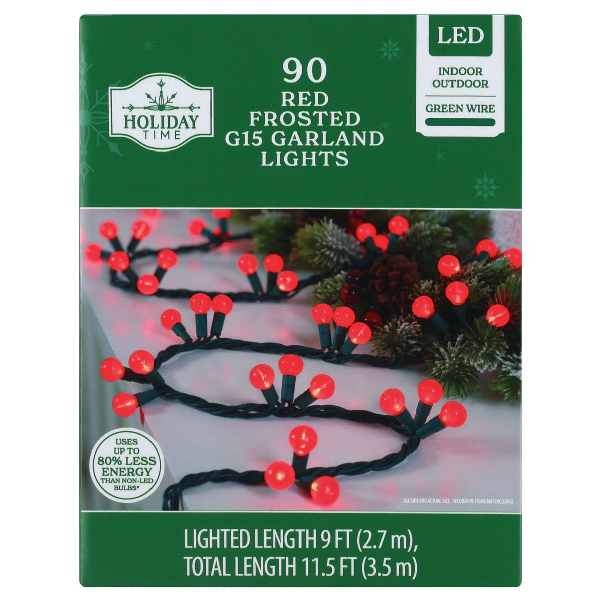 Indoor/Outdoor 90-Count LED G15 Globe Christmas Garland Lights, Frosted Warm White, Green Wire, 9', by Holiday Time