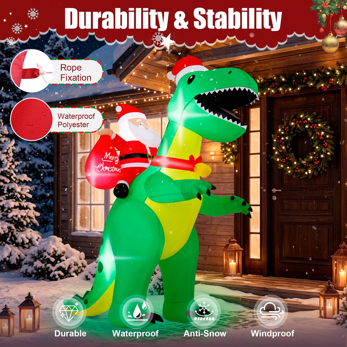 Firstness 6ft High Christmas Inflatables Outdoor Decoration with LED Lights, Christmas Blow ups Santa Claus Dinosaur Xmas Decor for Party Yard Garden Lawn