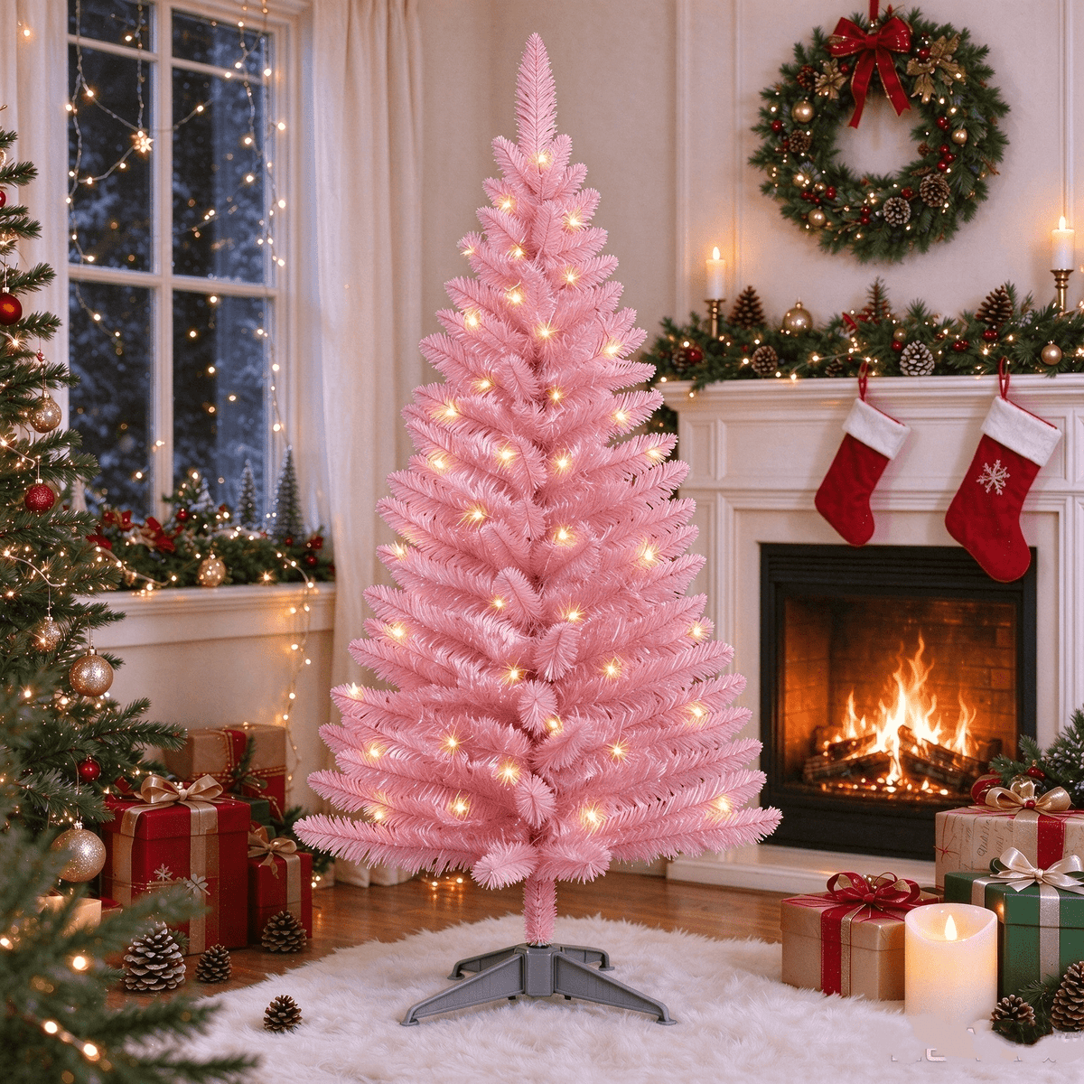 Cowin 4ft Artificial Christmas Tree,Pre-lit Tinsel Pine Spruce Tree, Small Xmas Tree for Home, Office and Party,White