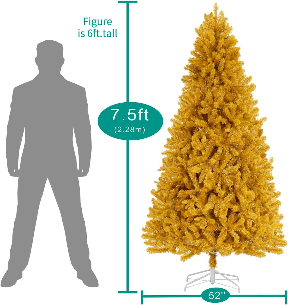 Naomi Home 7.5ft Gold Christmas Tree with Lights, Unique Colored Christmas Tree Prelit with 1412 Branch Tips, 600 Warm Lights and Metal Stand, Aritificial Christmas Tree