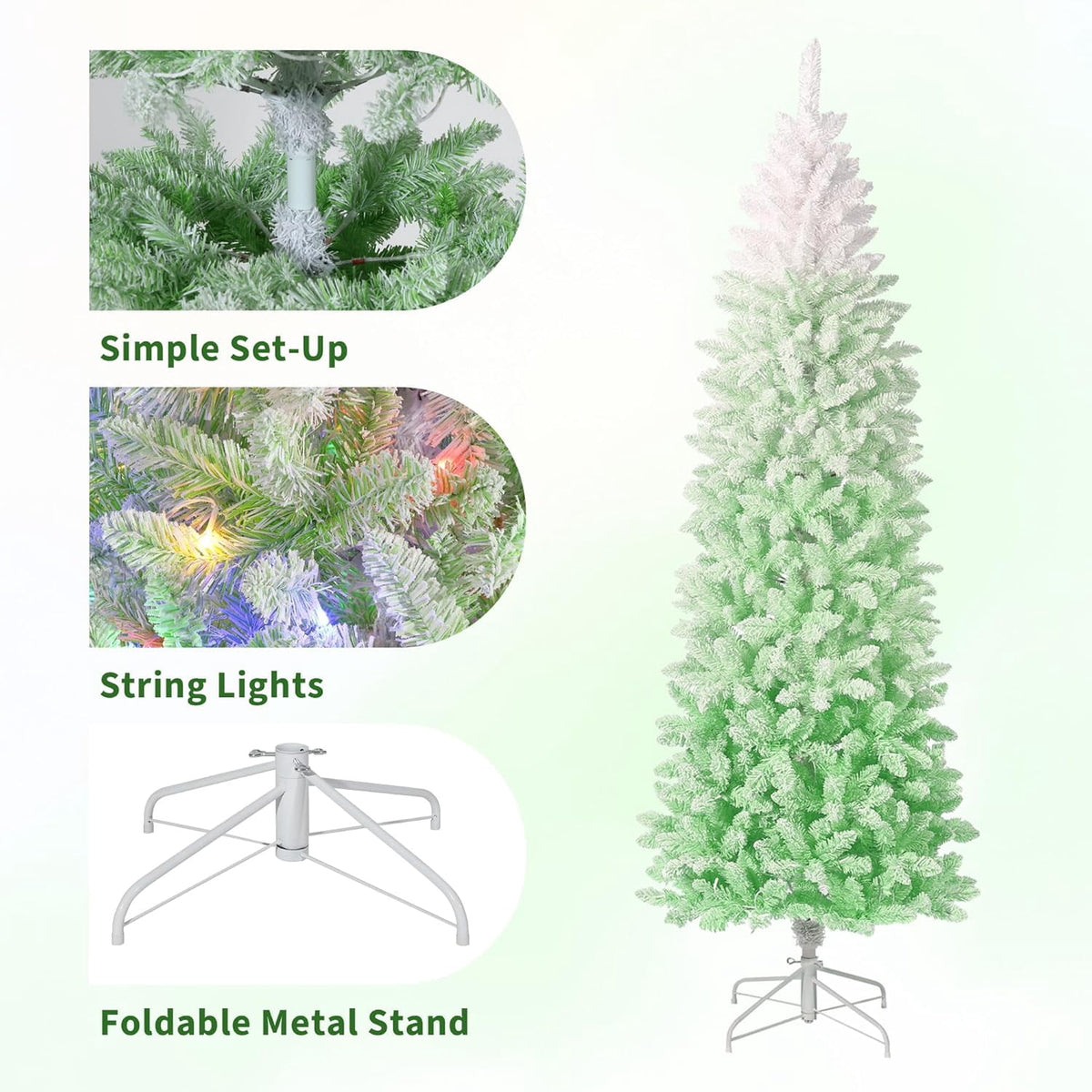 4.5/6/7.5/9 ft Flocked Pencil Christmas Tree with 100 Lights, Pre Lit Tall Skinny Christmas Tree with PVC Branch Tips, Premium Hinged Xmas Tree with Metal Base, Slim Artificial Christmas Tree