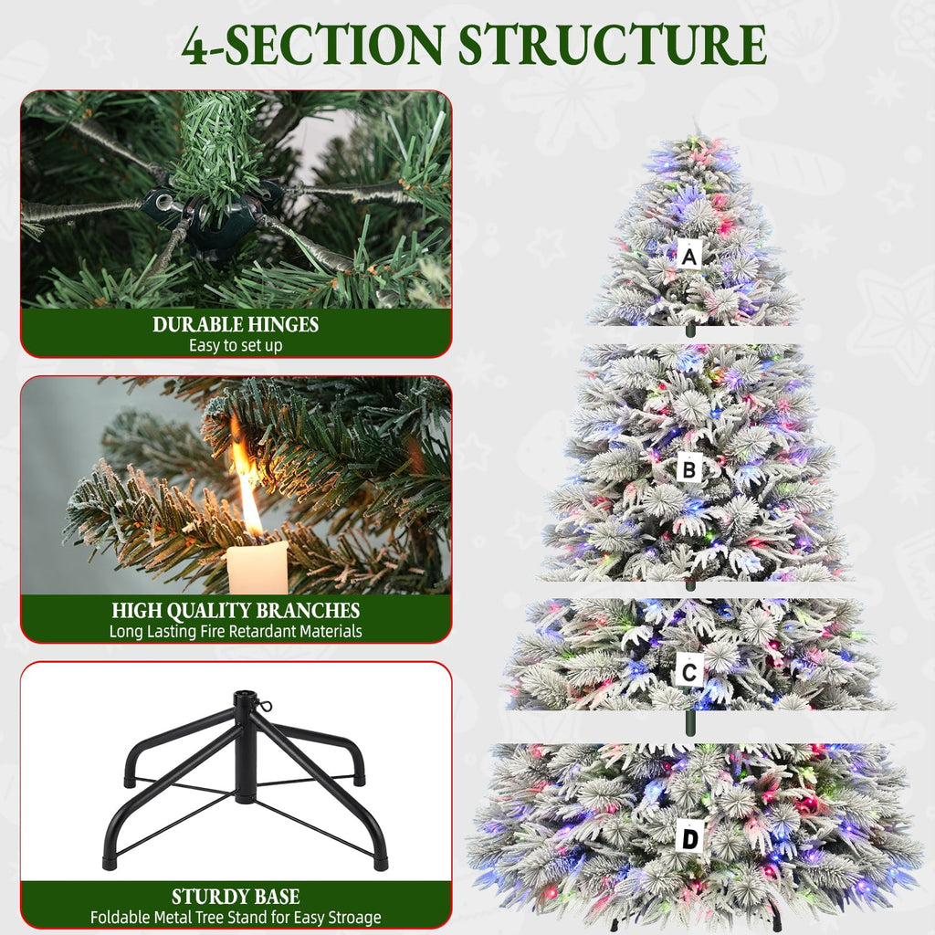 VIVATREES 7.5FT Premium Flocked Christmas Tree 550 Multi-Color LED Lights 5490 PVC PE Hinged Branch Tips Pre-Lit Artificial Xmas Pine Needles Metal Base for Home Office Holiday Decor