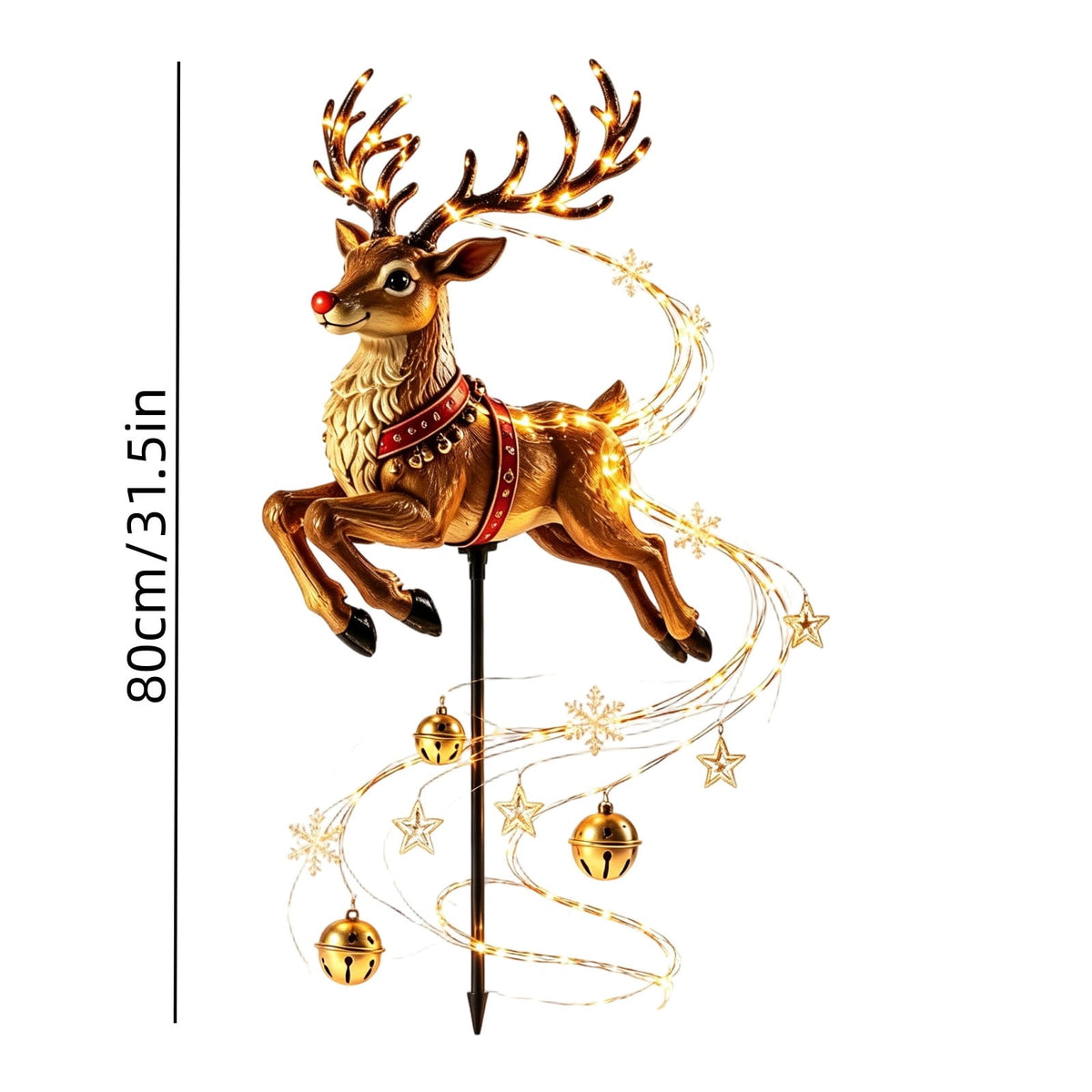 Solar Reindeer Christmas Garden Stake Light, Flowing LED Stars and Snowflakes, Resin Outdoor Holiday Yard Decoration for Lawn, Pathway, Porch, Garden and Entryway, 31.5 in Multicolor