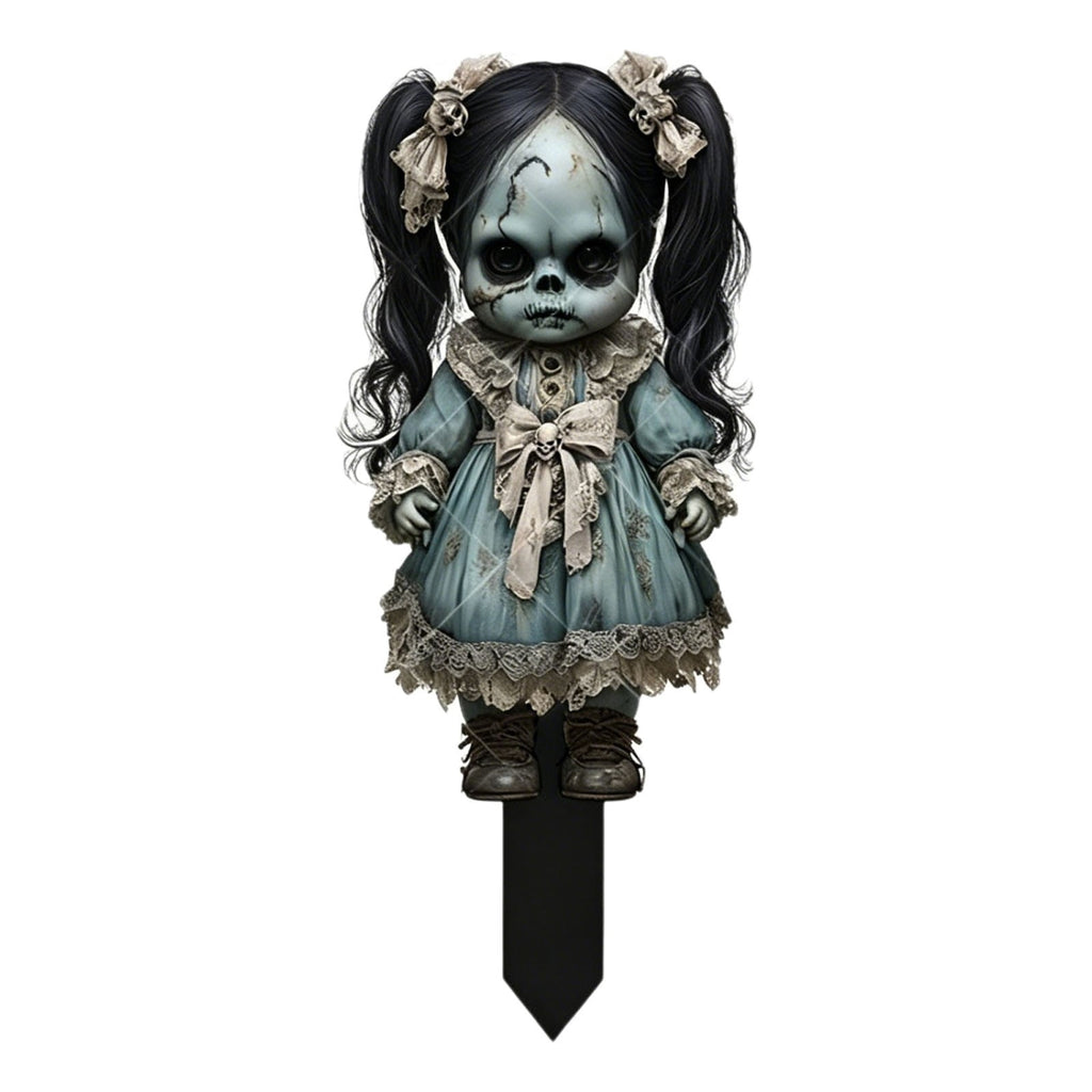 erdimoy 7.87in Tall Creepy Vintage Horror Doll Yard Stakes, 2D Waterproof Acrylic Spooky Ghost Doll Lawn Plug-In Ornaments, Scary Graveyard Garden Pathway Decor for Halloween Outdoor