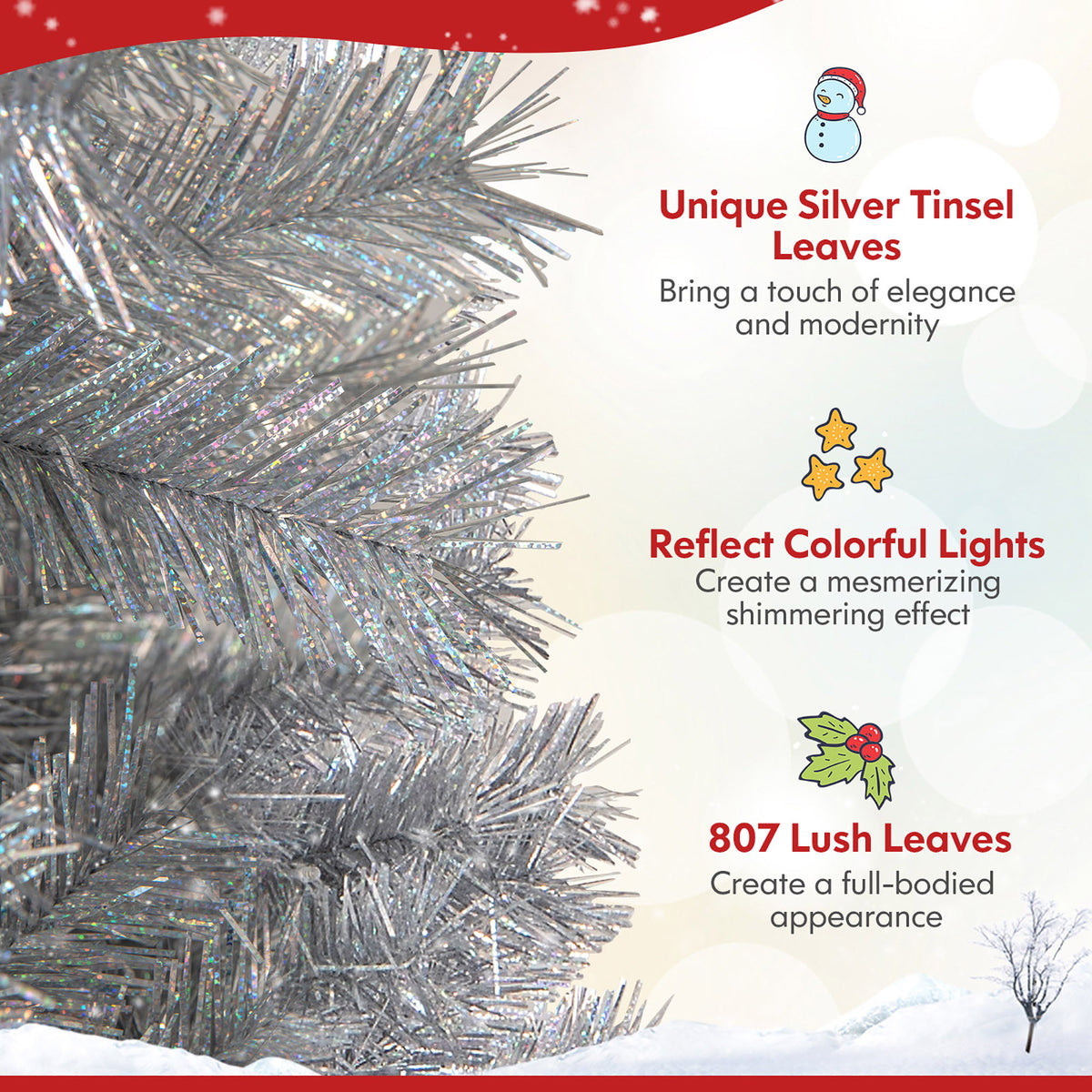 Gymax 7 FT Pre-Lit Artificial Christmas Tree Silver Tinsel Hinged Xmas Tree