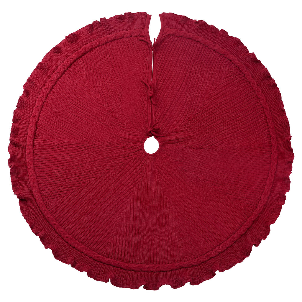 Ayieyill Christmas Tree Skirt, 48 inches Cable Knit Knitted Thick Rustic Xmas Tree Skirts Decoration, Red Tree Skirt Christmas Decoration, Burgundy