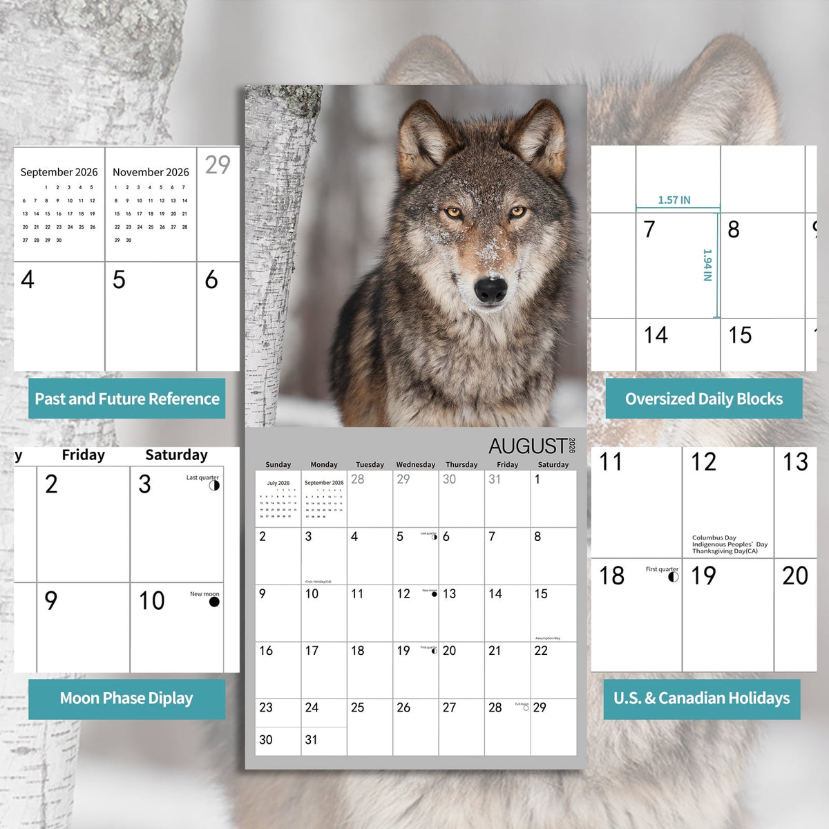 2026 Wall Calendar,Wolf Calendar 2025-2026,Wolf Monthly Wall Calendar, 12" x 24" Open,Family Planner Calendar with Wolf, Home & Office Organizer,Hangable
