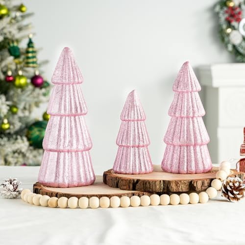 3Pcs Artificial Christmas Tree Decorations Glittering Foam Tabletop Xmas Tree Modern Christmas Centerpiece Decor for for Table Mantel Home Holiday Party Decor(Pink)