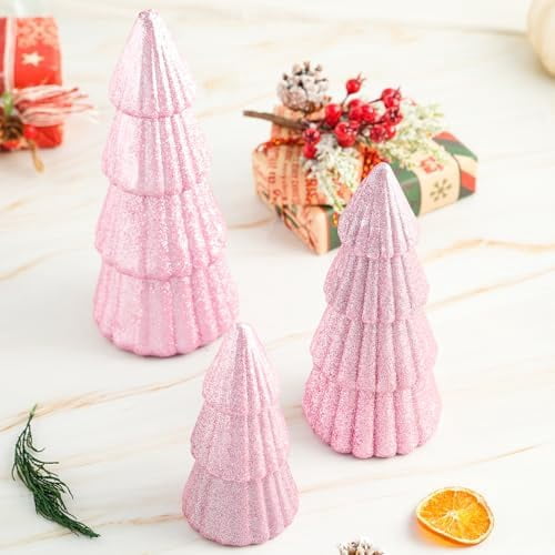 3Pcs Artificial Christmas Tree Decorations Glittering Foam Tabletop Xmas Tree Modern Christmas Centerpiece Decor for for Table Mantel Home Holiday Party Decor(Pink)