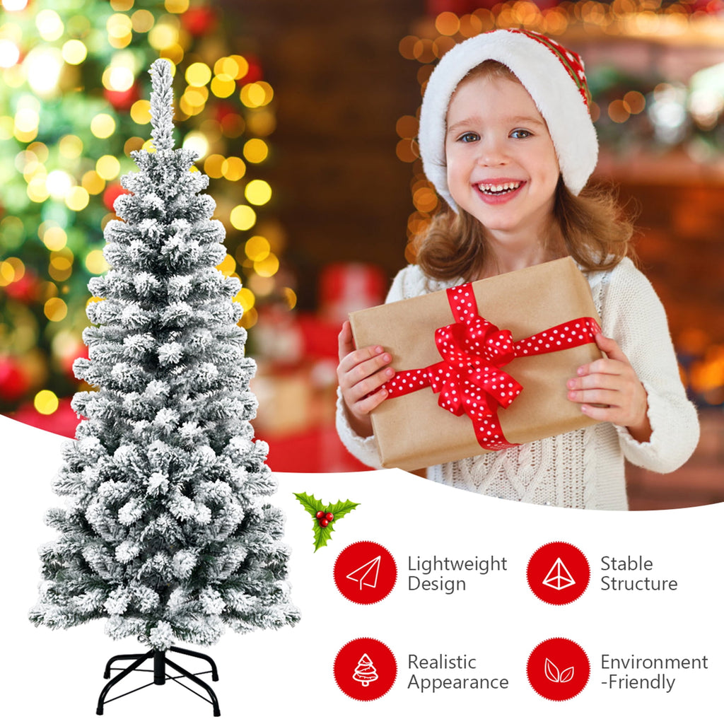 Gymax 4.5ft Snow Flocked Pencil Christmas Tree Artificial Pine Tree w/ Metal Stand