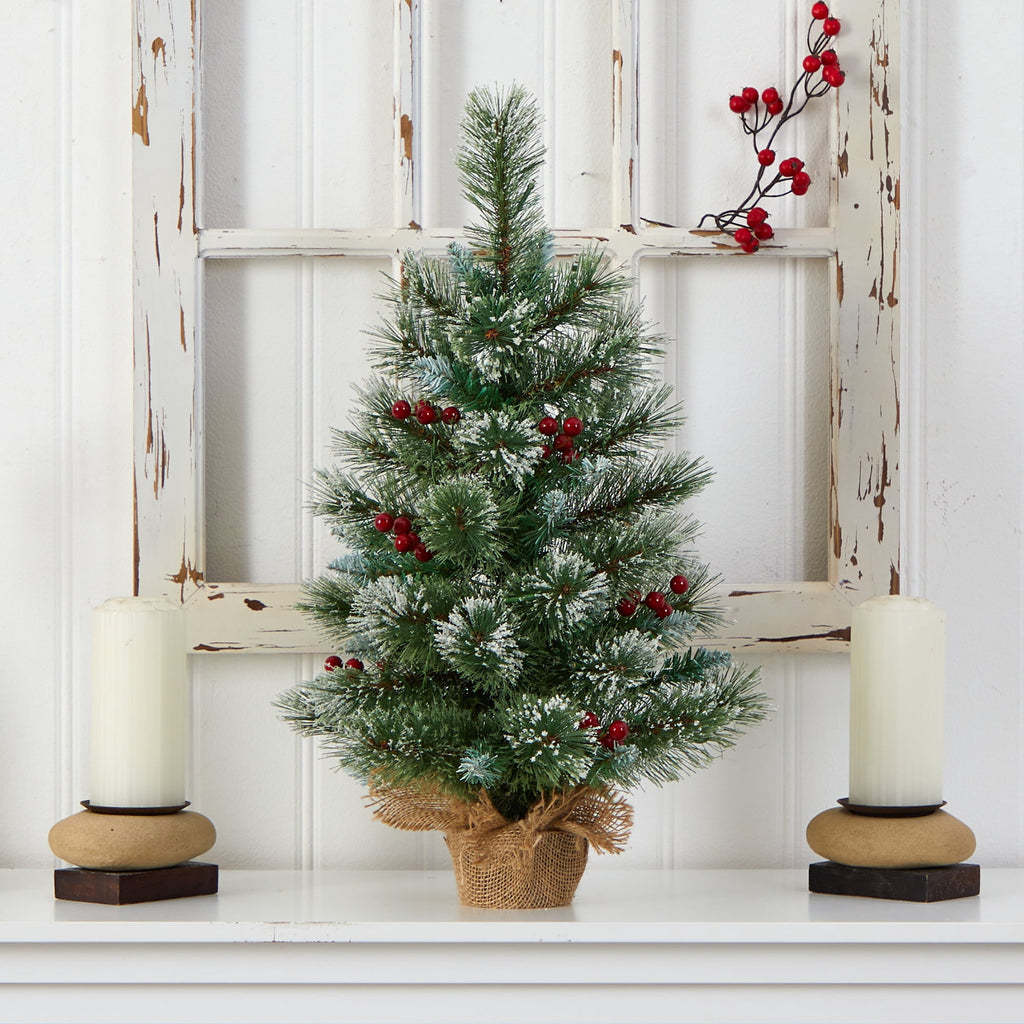 Nearly Natural 2ft. Snow Tipped Pine and Berry Artificial Christmas Tree with 35 Warm White LED Lights in Burlap Base
