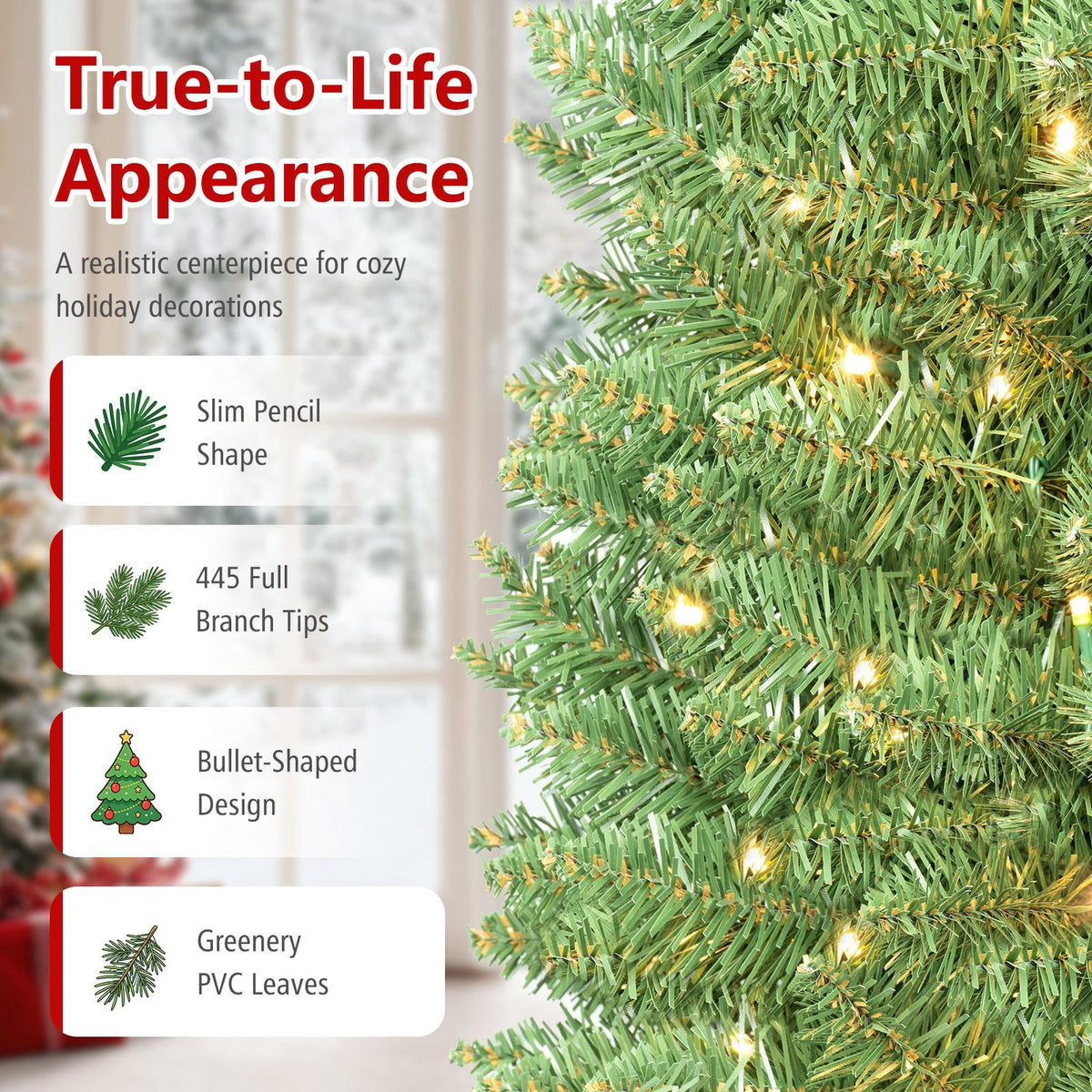 Costway 5 FT Pre-Lit Pencil Christmas Tree with 150 LED Lights & 296 Branch Tips Party