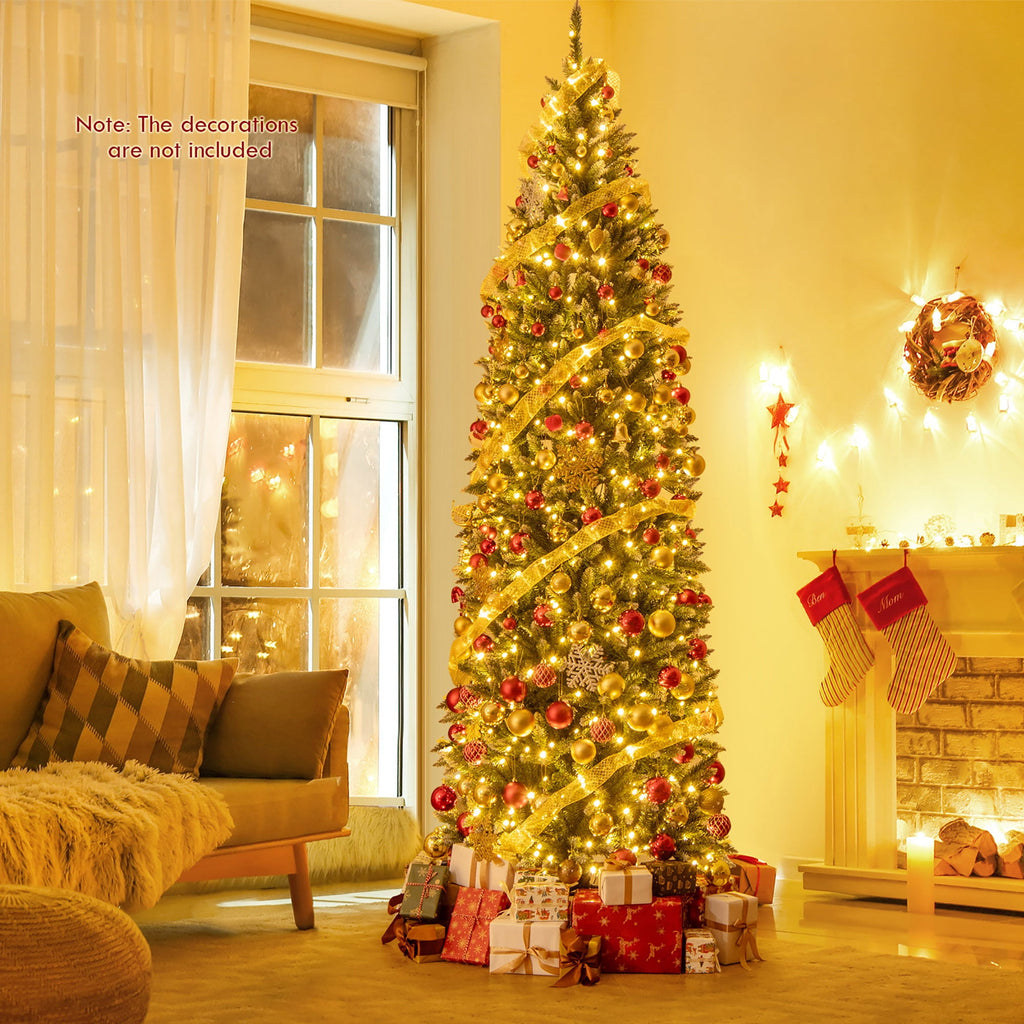 Gymax 9 FT Pre-Lit Artificial Christmas Tree Hinged Slim Pencil Xmas Tree w/ 1298 Snowy Branch Tips