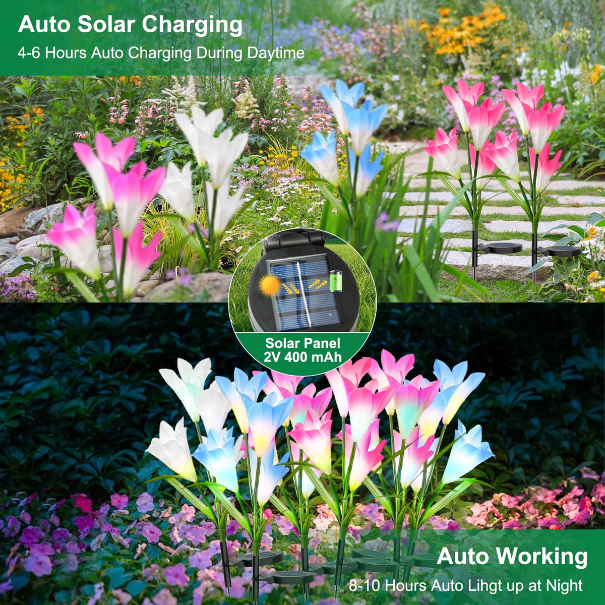 Solar Garden Lights Outdoor, 6 Packs Solar Lily Flower Lights Waterproof, Color Changing LED Solar Lights Outdoor Decorative, Bigger Solar Panel for Outside Patio Garden Pathway Yard Decoration