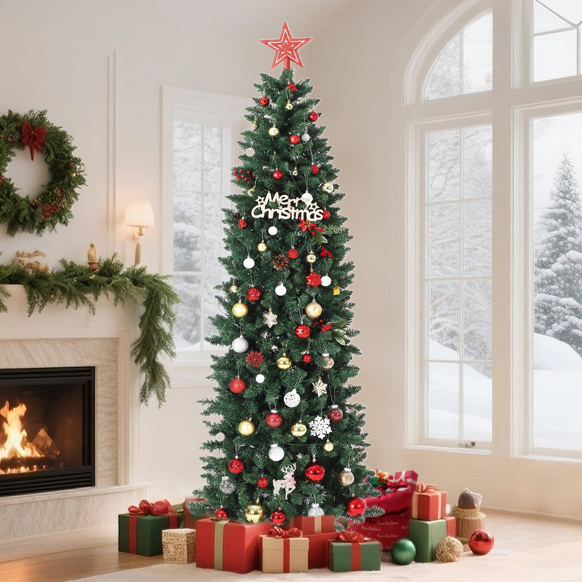 Towallmark 9FT Pre-Lit Artificial Pencil Christmas Tree with 380 Color Changing LED Lights,1153 Branch Tips