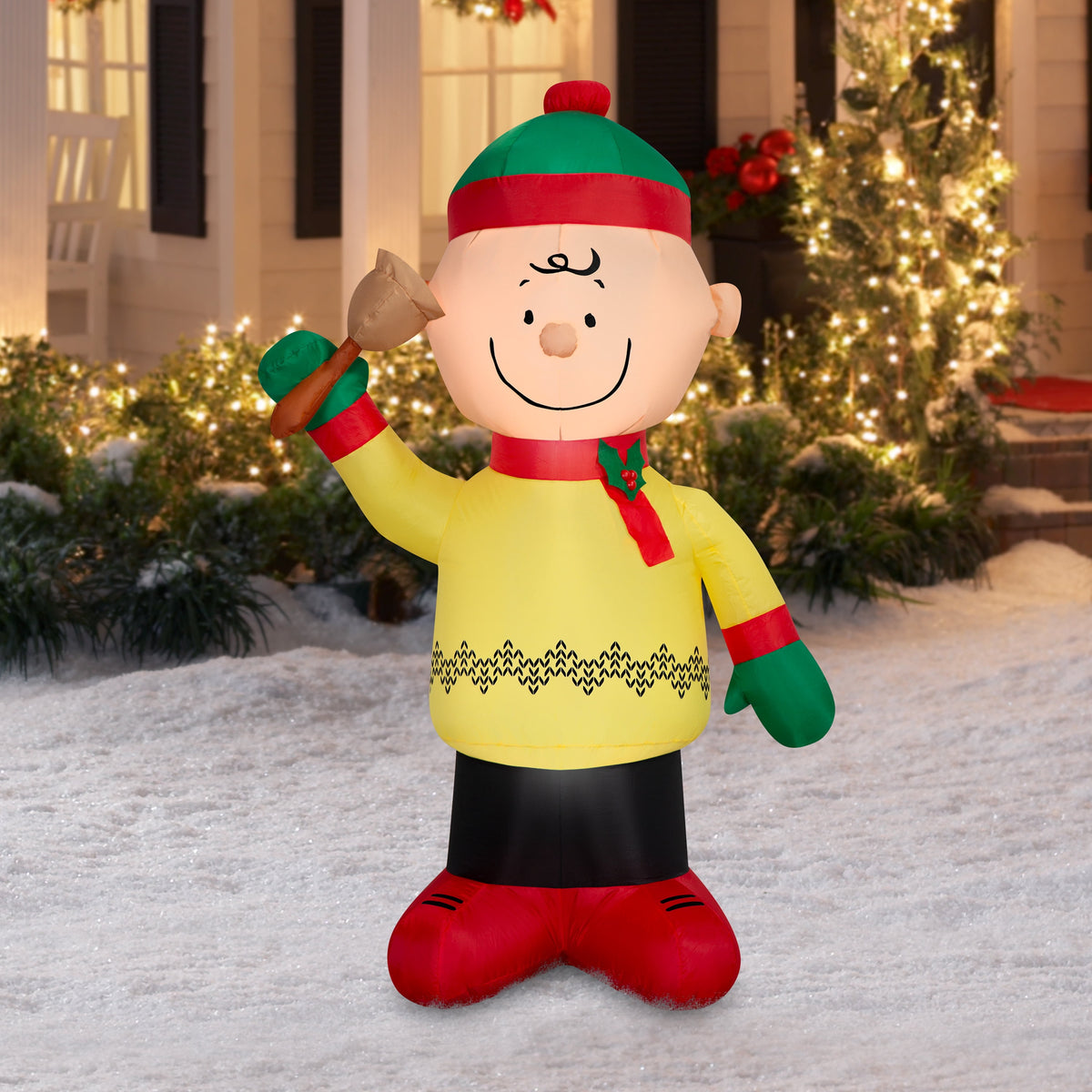 Airblown Christmas Yard Inflatable Light Charlie Brown in Winter Outfit with Bell Peanuts, 5 ft