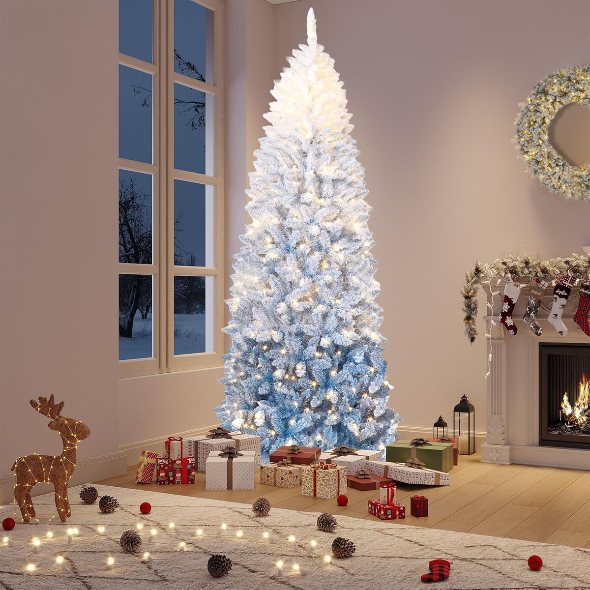 6ft Blue Gradient Snow Flocked Pencil Christmas Tree, Slim Artificial Holiday Decor with Sturdy Metal Stand, Flame-Retardant PVC, for Home, Party