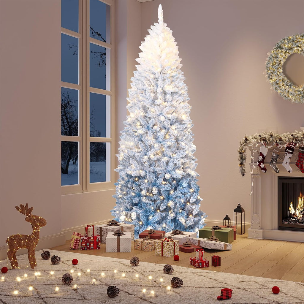 4.5/6/7.5/9 ft Flocked Pencil Christmas Tree with 100 Lights, Pre Lit Tall Skinny Christmas Tree with PVC Branch Tips, Premium Hinged Xmas Tree with Metal Base, Slim Artificial Christmas Tree