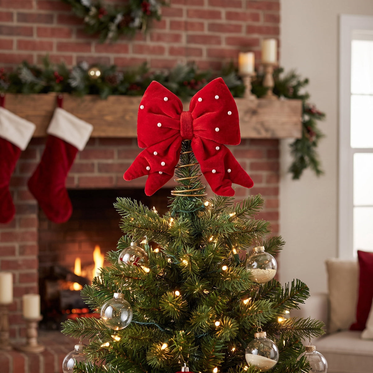 Mini Velvet Beaded Bow Christmas Tree Topper, Red and White, 6", by Holiday Time