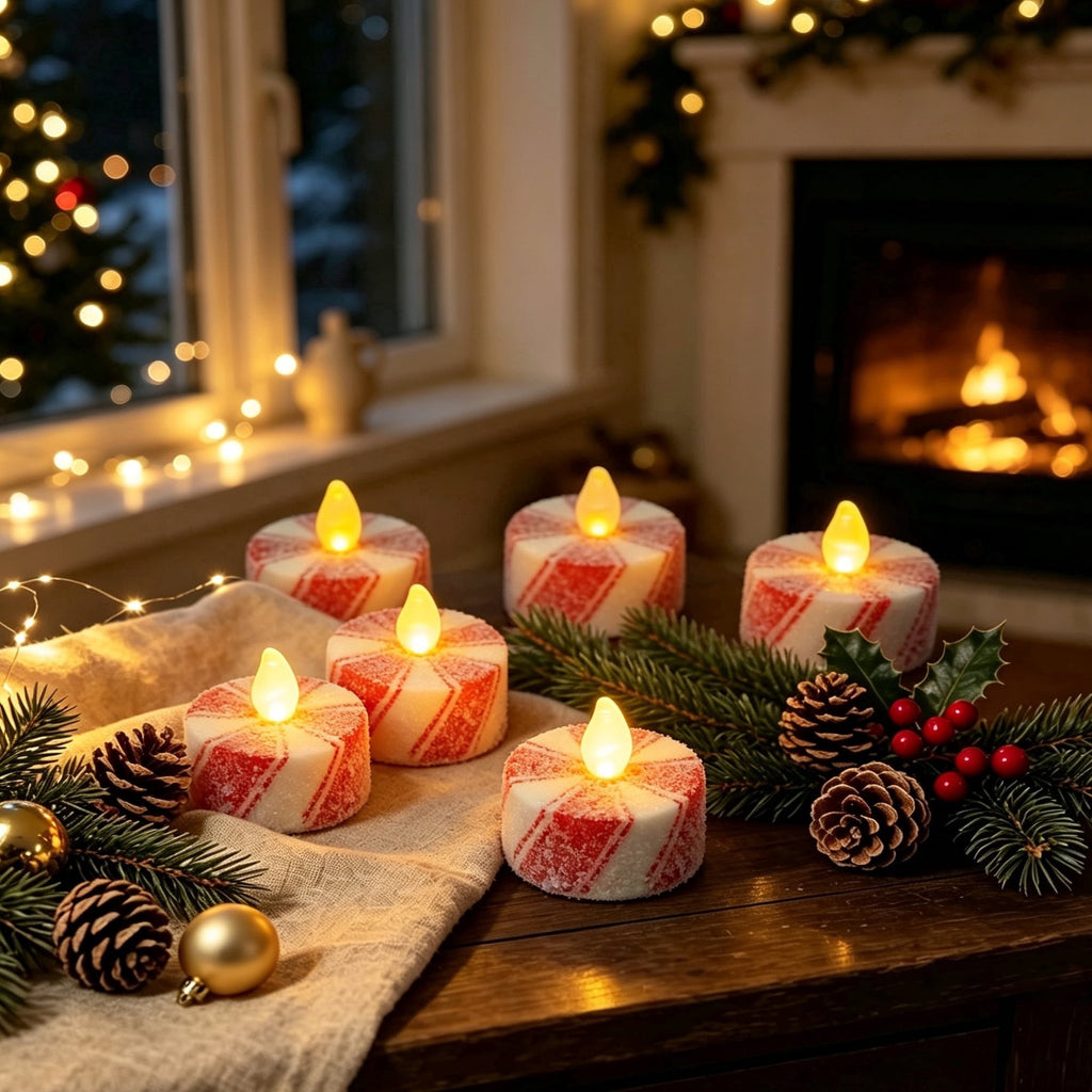 Indoor Battery-Operated LED Plastic Flameless Candy Cane Christmas Tealight Candles, Red and White, 1.5", 6 Count, by Holiday Time